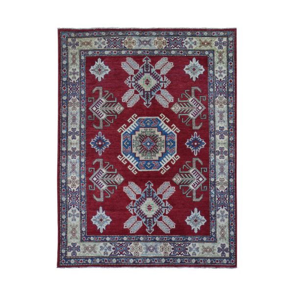 5'3"x7'1" Rich Red, Afghan Super Kazak with Geometric Design, Natural Dyes, Hand Knotted, Pure Wool Oriental Rug HR80083