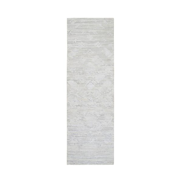 2'7"x8'2" Light Gray Hand Spun Undyed Natural Wool Hand Knotted Modern Runner Oriental Rug HR64147
