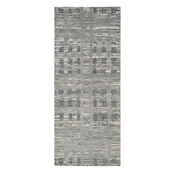 4'2"x10'1" Light Gray Hand Spun Undyed Natural Wool Modern Hand Knotted Wide Runner Oriental Rug HR64157