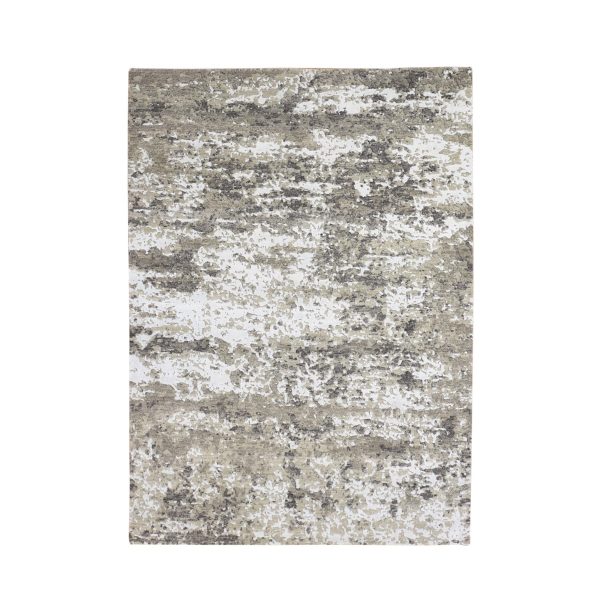 4'1"x6' Gray Persian Knot with Abstract Design Wool and Silk Denser Weave Hand Knotted Oriental Rug HR66501