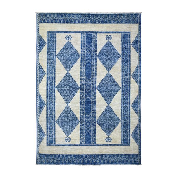 5'10"x8'9" Denim Blue, Fine Peshawar with Berber Motifs, Hand Knotted, Densely Woven, Soft and Shiny Wool Oriental Rug HR70934