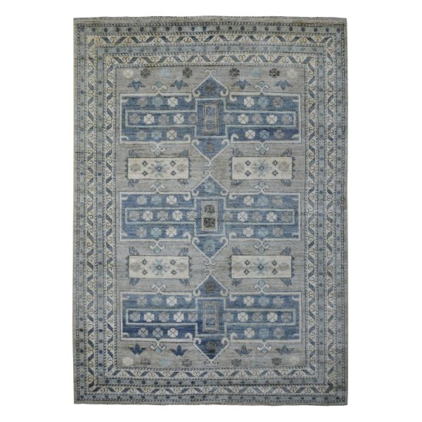 6'2"x8'7" Gray, Anatolian Design with Geometric Medallions, Supple Wool Hand Knotted, Oriental Rug HR71125