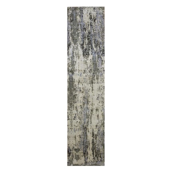 2'7"x12'2" Charcoal Gray Abstract Design Wool and Silk Denser Weave Persian Knot Hand Knotted Oriental Runner Rug HR75076