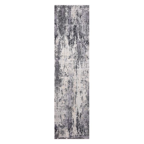 2'7"x10'3" Charcoal Gray Abstract Design Wool and Silk Denser Weave Persian Knot Hand Knotted Oriental Rug HR75077