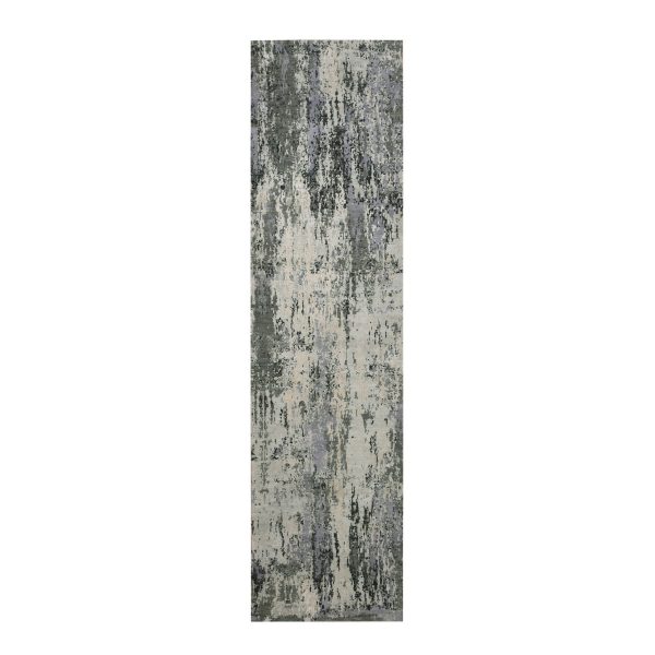 2'7"x10'2" Charcoal Gray Abstract Design Wool and Silk Denser Weave Persian Knot Hand Knotted Oriental Runner Rug HR75078