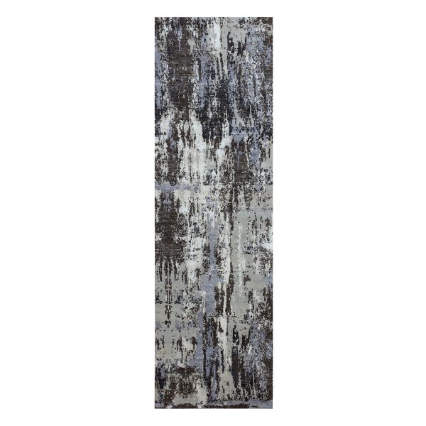2'6"x8'3" Charcoal Gray Abstract Design Wool and Silk Denser Weave Persian Knot Hand Knotted Oriental Runner Rug HR75079