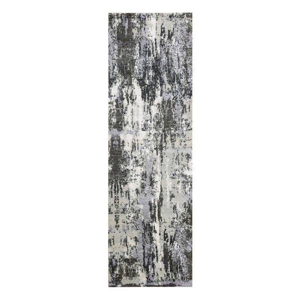 2'6"x8'3" Charcoal Gray Persian Knot, Modern Abstract Design, Wool and Silk, Denser Weave, Hand Knotted Runner Oriental Rug HR75080