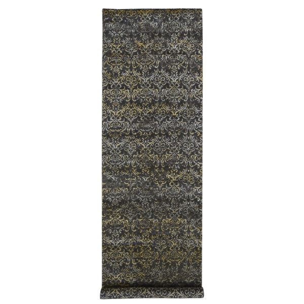 4'8"x18'2" Chocolate Brown, Modern Damask Hand Knotted, Tone on Tone Wool and Silk, Wide Runner Oriental Rug HR80142