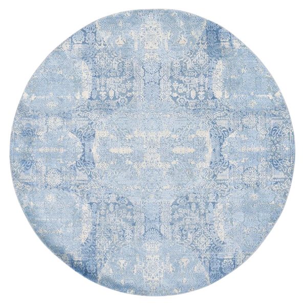 6'x6' Denim Blue, Rajasthan with All Over Leaf Design, Wool and Silk Hand Knotted Thick and Plush, Round Oriental Rug HR80143