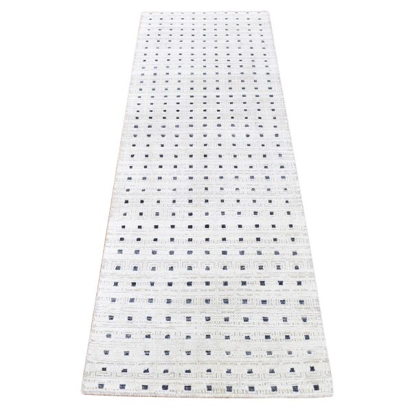 2'7"x8'1" Ivory, Pure Silk with Textured Wool Hand Knotted, Modern with Squares Design, Runner Oriental Rug HR80154