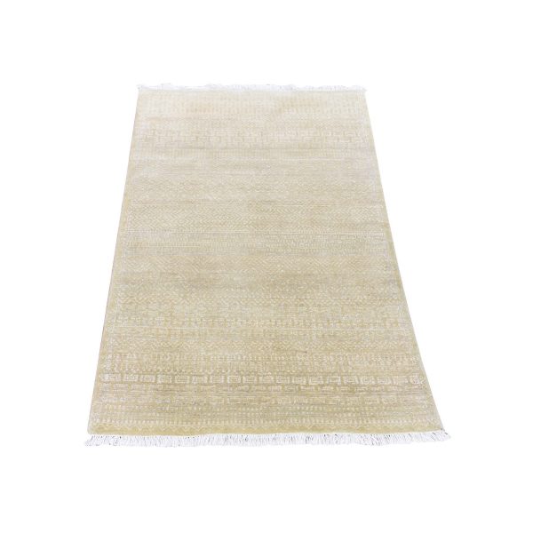 3'1"x5'1" Lime Green, Wool and Silk Modern Grass Design Gabbeh, Densely Woven Hand Knotted, Oriental Rug HR80194