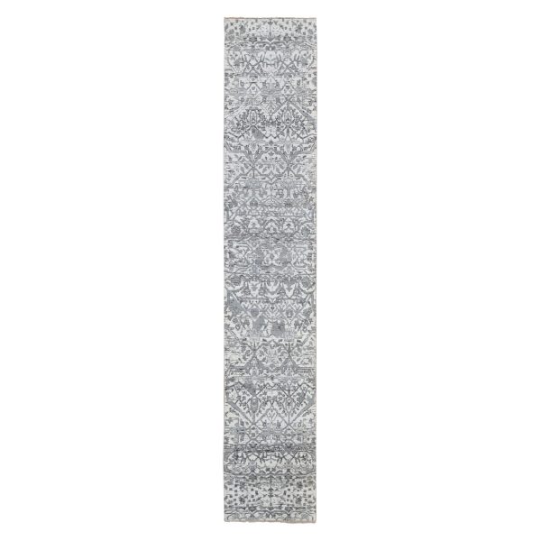 2'7"x14'1" Ivory, Angora Oushak with Soft Colors, Hand Knotted Undyed Natural Wool, Runner Oriental Rug HR80240