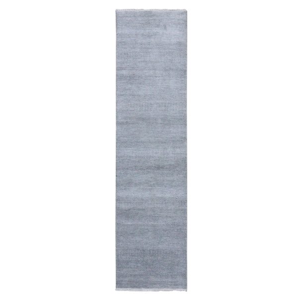 2'6"x10' Gray, Hand Knotted Modern Grass Design Gabbeh, Densely Woven Wool and Silk, Runner Oriental Rug HR79134