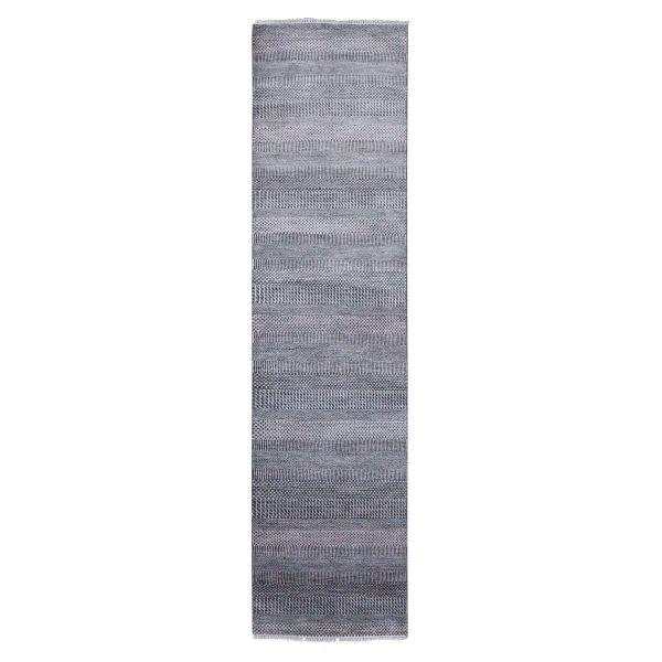 2'8"x10'2" Gray, Densely Woven Wool and Silk Hand Knotted, Modern Grass Design Gabbeh, Runner Oriental Rug HR79140