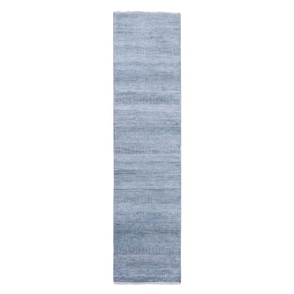 2'10"x10'2" Gray, Modern Grass Design Gabbeh, Densely Woven Wool and Silk Hand Knotted, Runner Oriental Rug HR79147