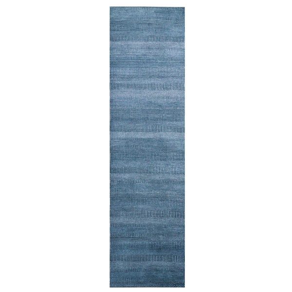 2'9"x11'4" Teal Blue, Modern Grass Design Gabbeh, Densely Woven Wool and Silk Hand Knotted, Runner Oriental Rug HR79154