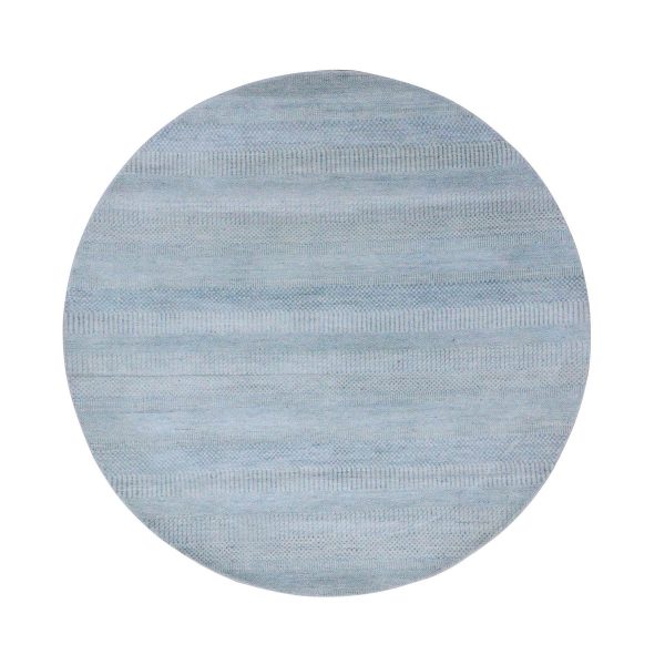 6'x6' Light Blue, Densely Woven Wool and Silk Hand Knotted, Modern Grass Design Gabbeh, Round Oriental Rug HR79158