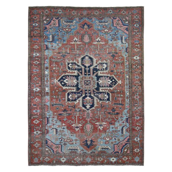 8'7"x12' Terracotta Red with Light Blue Corners, Antique Persian Serapi Heriz Abrash Flower Medallion, Clean Good Condition Evenly Worn Hand Knotted Pure Wool Oriental Rug HR80052