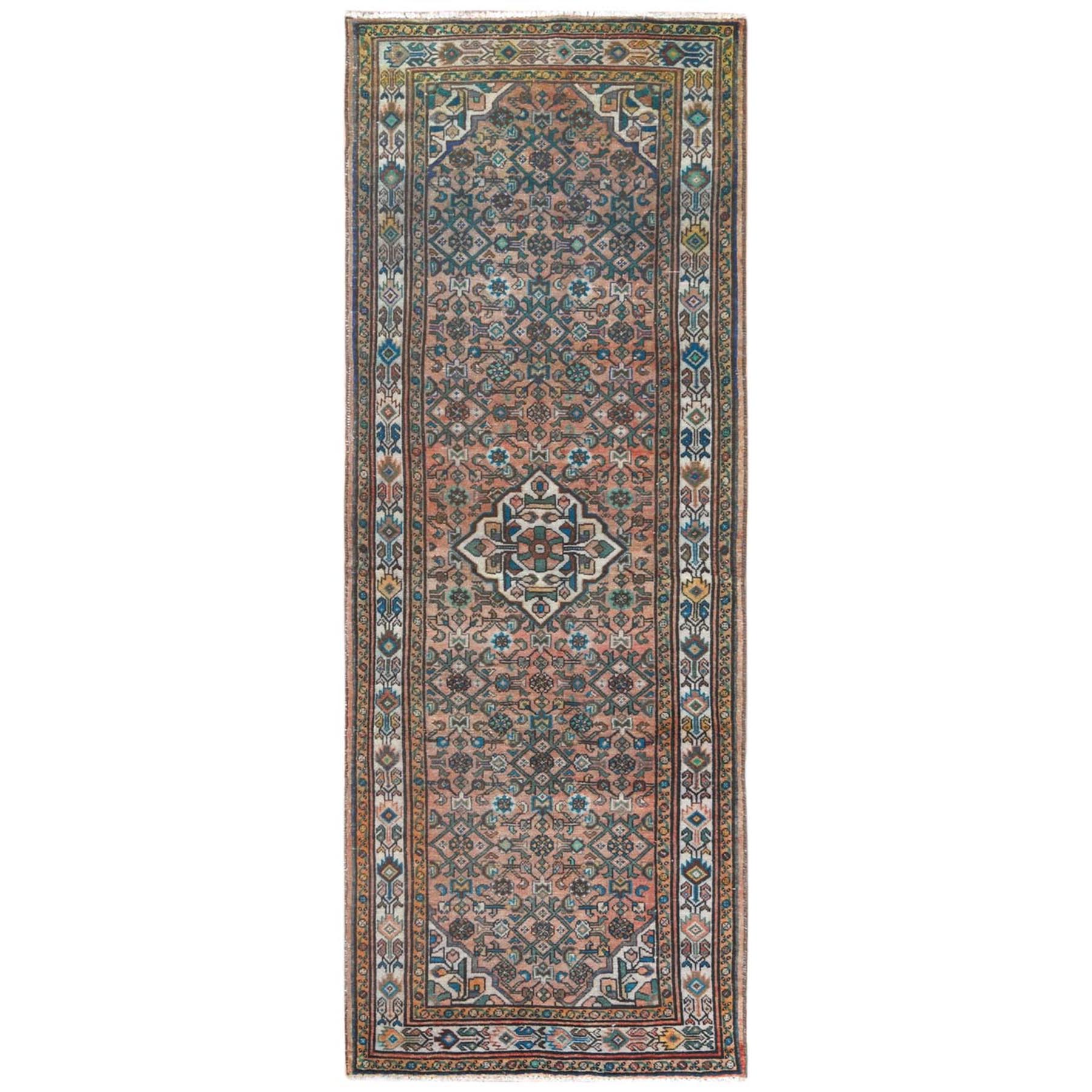 3'6"x9'7" Terracotta Red, Vintage Persian Husainabad with Fish Mahi Design, Cropped Thin Distressed Look Worn Wool Hand Knotted, Runner Oriental Rug HR61946