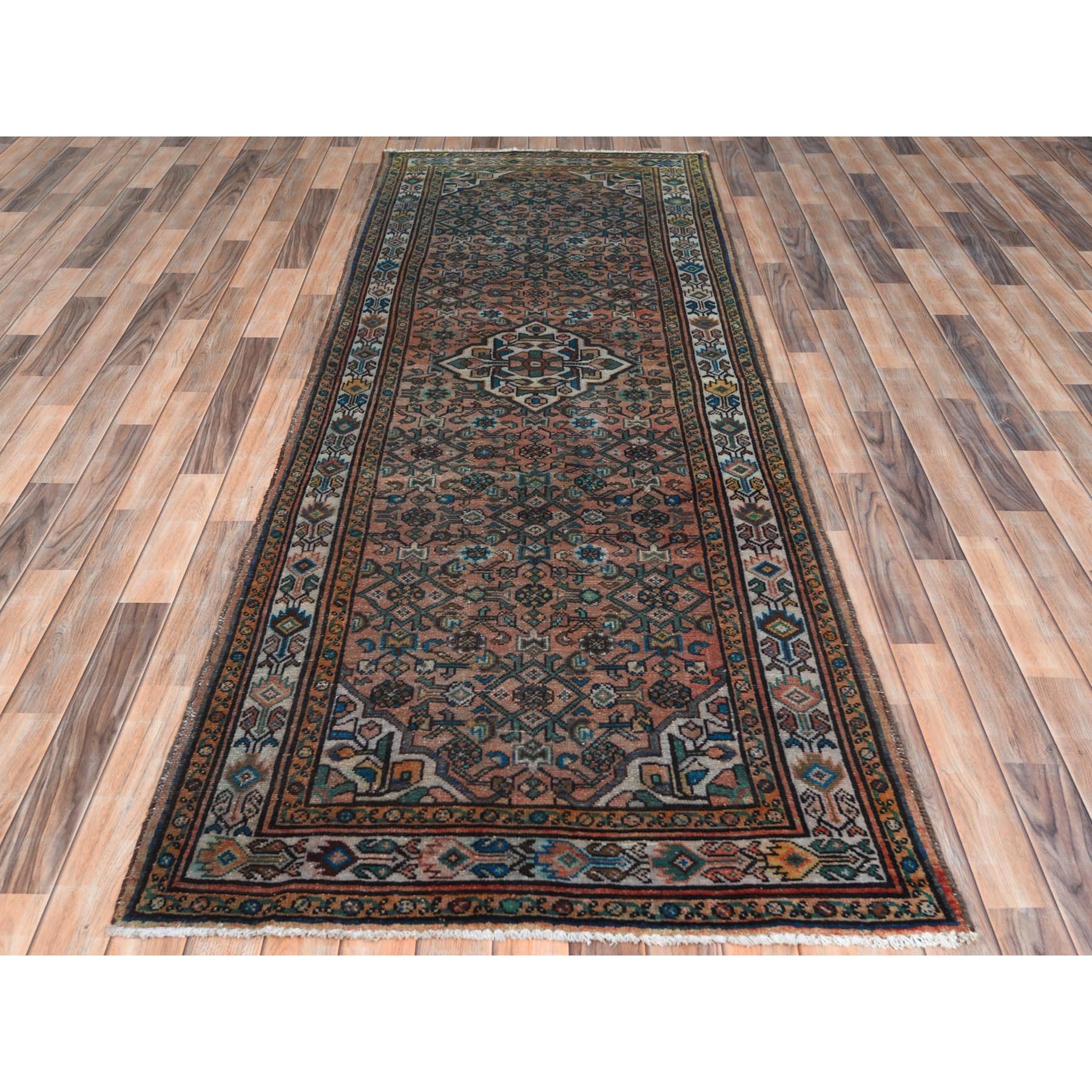3'6"x9'7" Terracotta Red, Vintage Persian Husainabad with Fish Mahi Design, Cropped Thin Distressed Look Worn Wool Hand Knotted, Runner Oriental Rug HR61946 - Image 2
