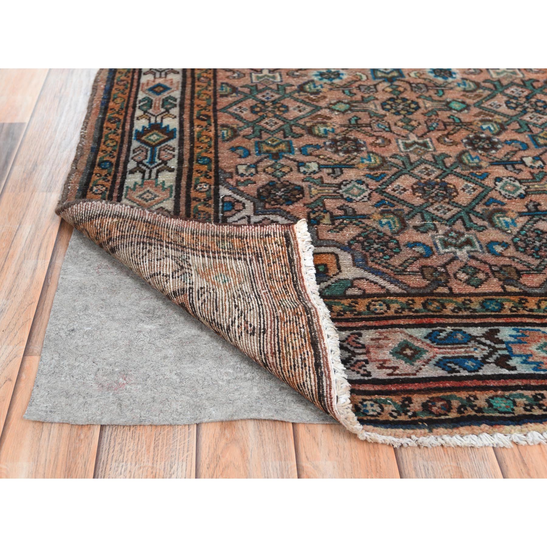 3'6"x9'7" Terracotta Red, Vintage Persian Husainabad with Fish Mahi Design, Cropped Thin Distressed Look Worn Wool Hand Knotted, Runner Oriental Rug HR61946 - Image 3