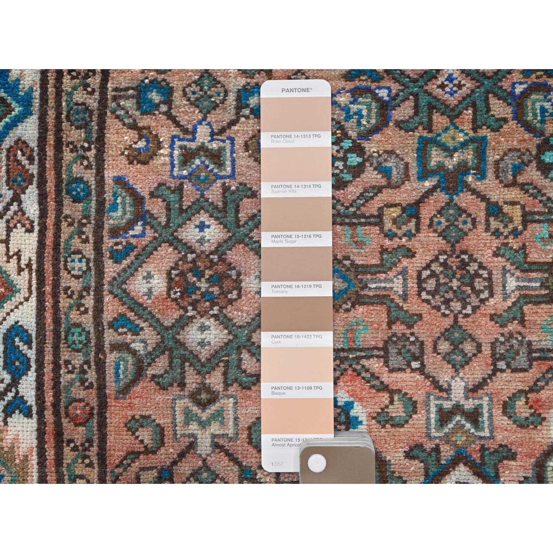 3'6"x9'7" Terracotta Red, Vintage Persian Husainabad with Fish Mahi Design, Cropped Thin Distressed Look Worn Wool Hand Knotted, Runner Oriental Rug HR61946 - Image 4