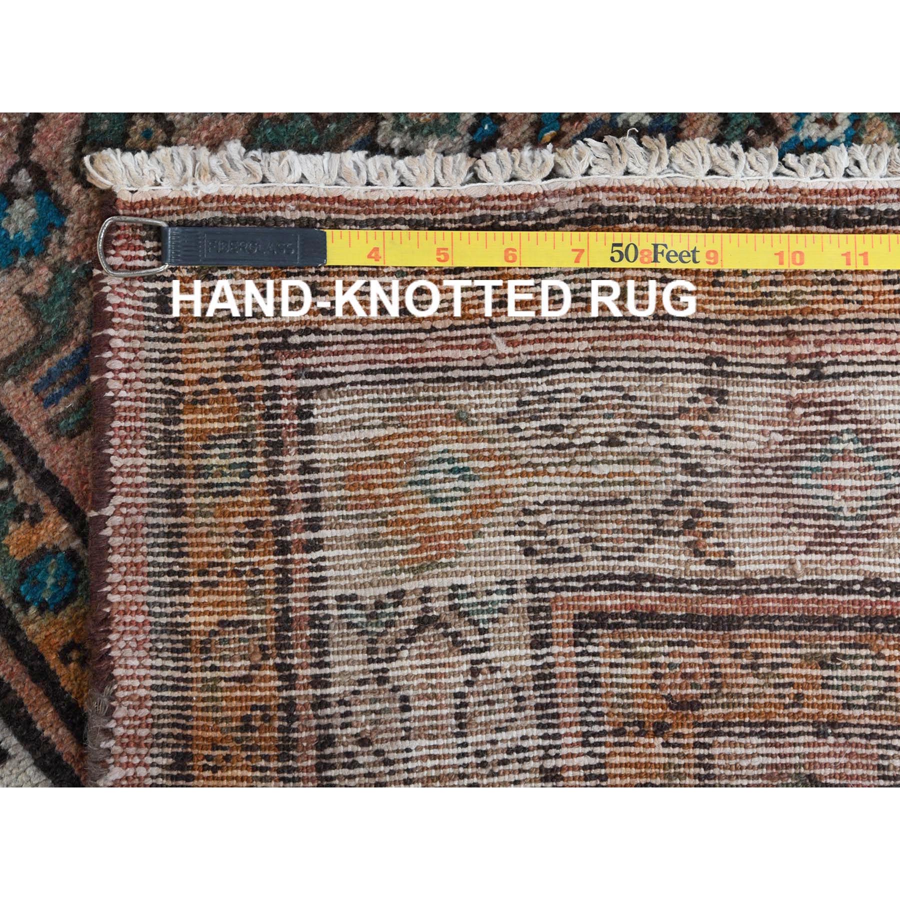 3'6"x9'7" Terracotta Red, Vintage Persian Husainabad with Fish Mahi Design, Cropped Thin Distressed Look Worn Wool Hand Knotted, Runner Oriental Rug HR61946 - Image 7
