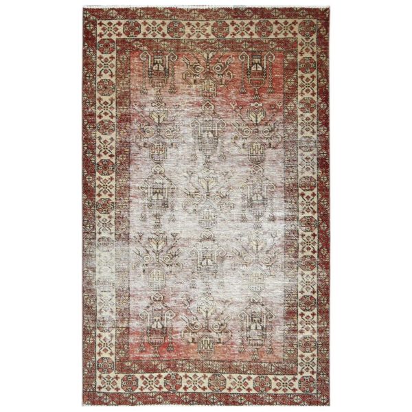 3'9"x6' Terracotta Colors, Distressed Look Worn Wool Hand Knotted, Vintage Persian Shiraz Erased Sheared Low, Oriental Rug HR81037