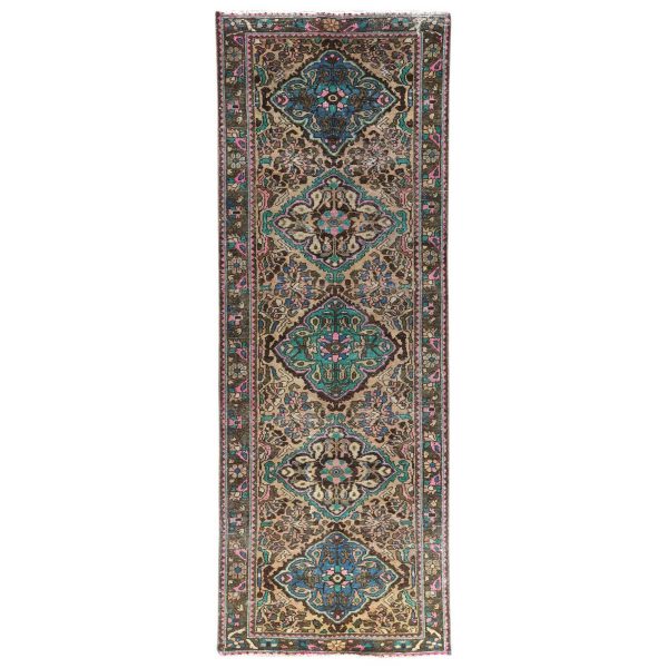 3'6"x9'7" Green with Touches of Pink, Distressed Look Worn Wool Hand Knotted, Vintage Persian Bakhtiar Cropped Thin, Wide Runner Oriental Rug HR81142