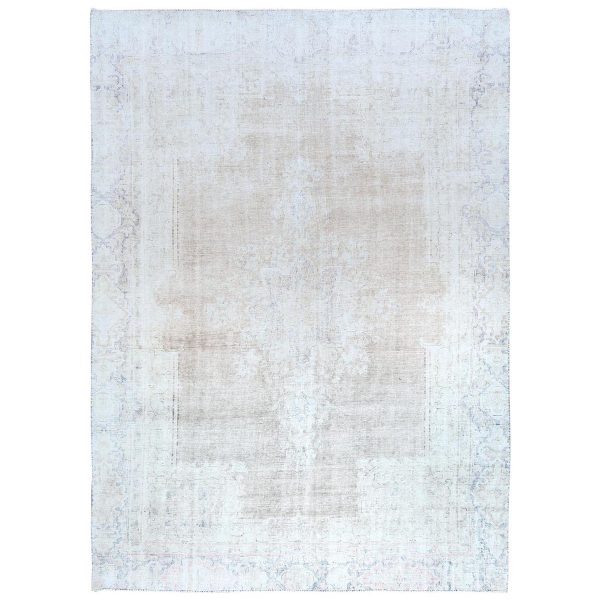 8'7"x12' Beige Hand Knotted Worn Wool, Cropped Thin, Distressed Look Vintage Persian Kerman Oriental Rug HR81249