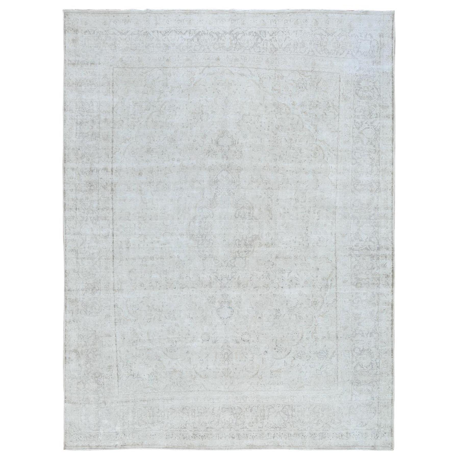 9'7"x12'6" Ivory Vintage Persian Kerman Hand Knotted Cropped Thin, Worn Wool Distressed Look Shabby Chic Oriental Rug HR81624