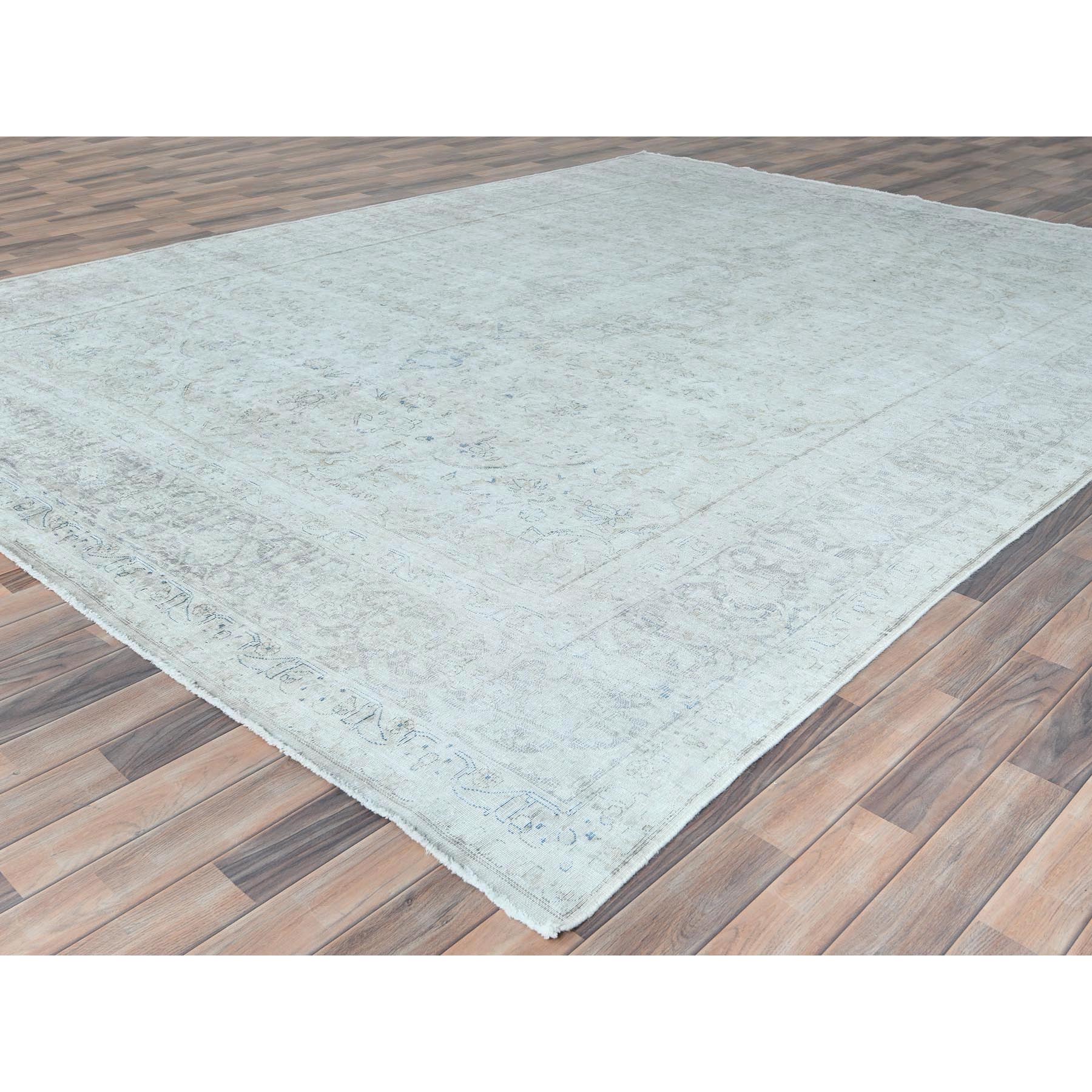 9'7"x12'6" Ivory Vintage Persian Kerman Hand Knotted Cropped Thin, Worn Wool Distressed Look Shabby Chic Oriental Rug HR81624 - Image 4