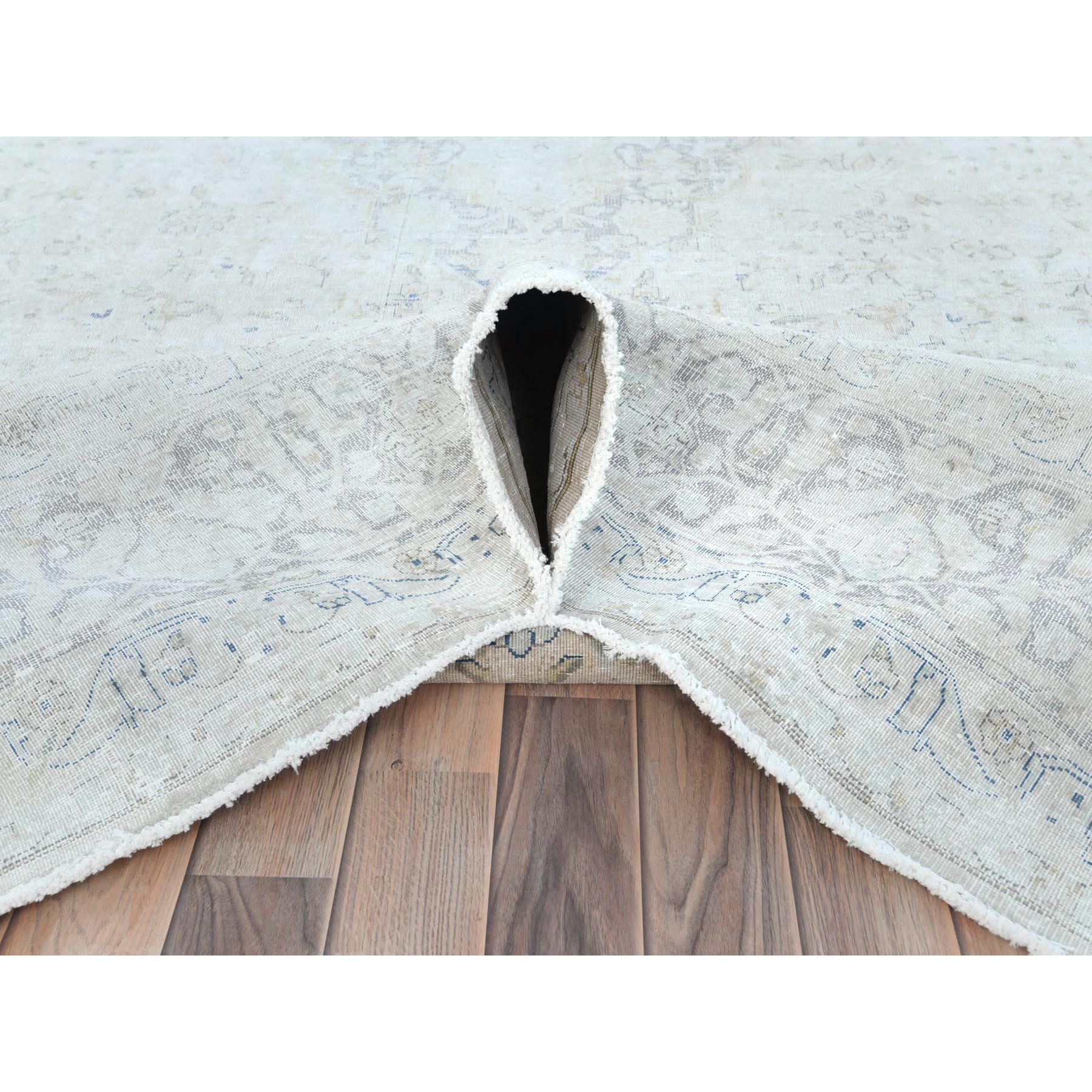 9'7"x12'6" Ivory Vintage Persian Kerman Hand Knotted Cropped Thin, Worn Wool Distressed Look Shabby Chic Oriental Rug HR81624 - Image 6