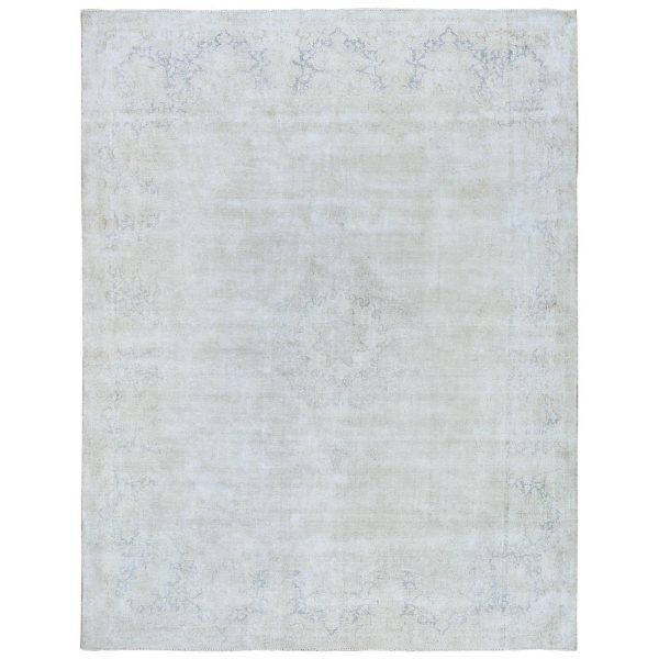 9'7"x12'10" Ivory Hand Knotted, Sheared Low, Vintage Persian Kerman, Worn Wool, Shabby Chic, Distressed Look, Oriental Rug HR81625