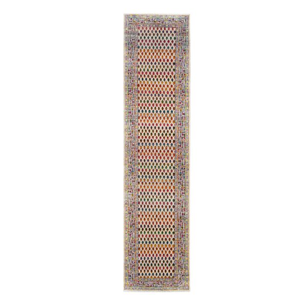 2'4"x10'2" Colorful Wool And Sari Silk Sarouk Mir Inspired With Repetitive Boteh Design Hand Knotted Oriental Runner Rug HR62338