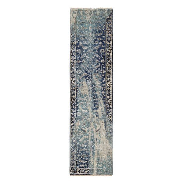 2'7"x10' Blue-Teal Erased Design Wool And Silk Hand Knotted Broken Persian Heriz Runner Oriental Rug HR64356