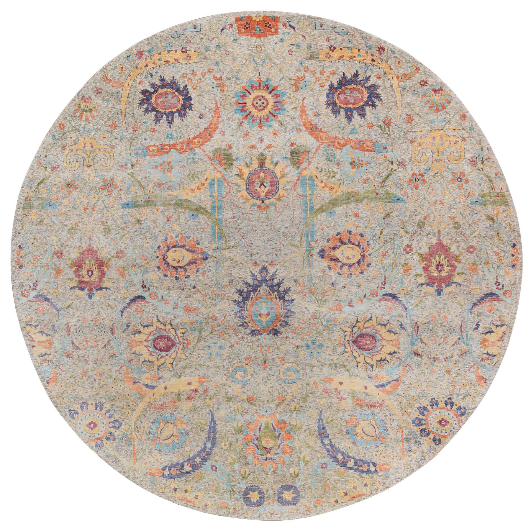 13'7"x13'7" Tan, Sickle Leaf Design Silk With Textured Wool Hand Knotted, Round Oriental Rug HR64436