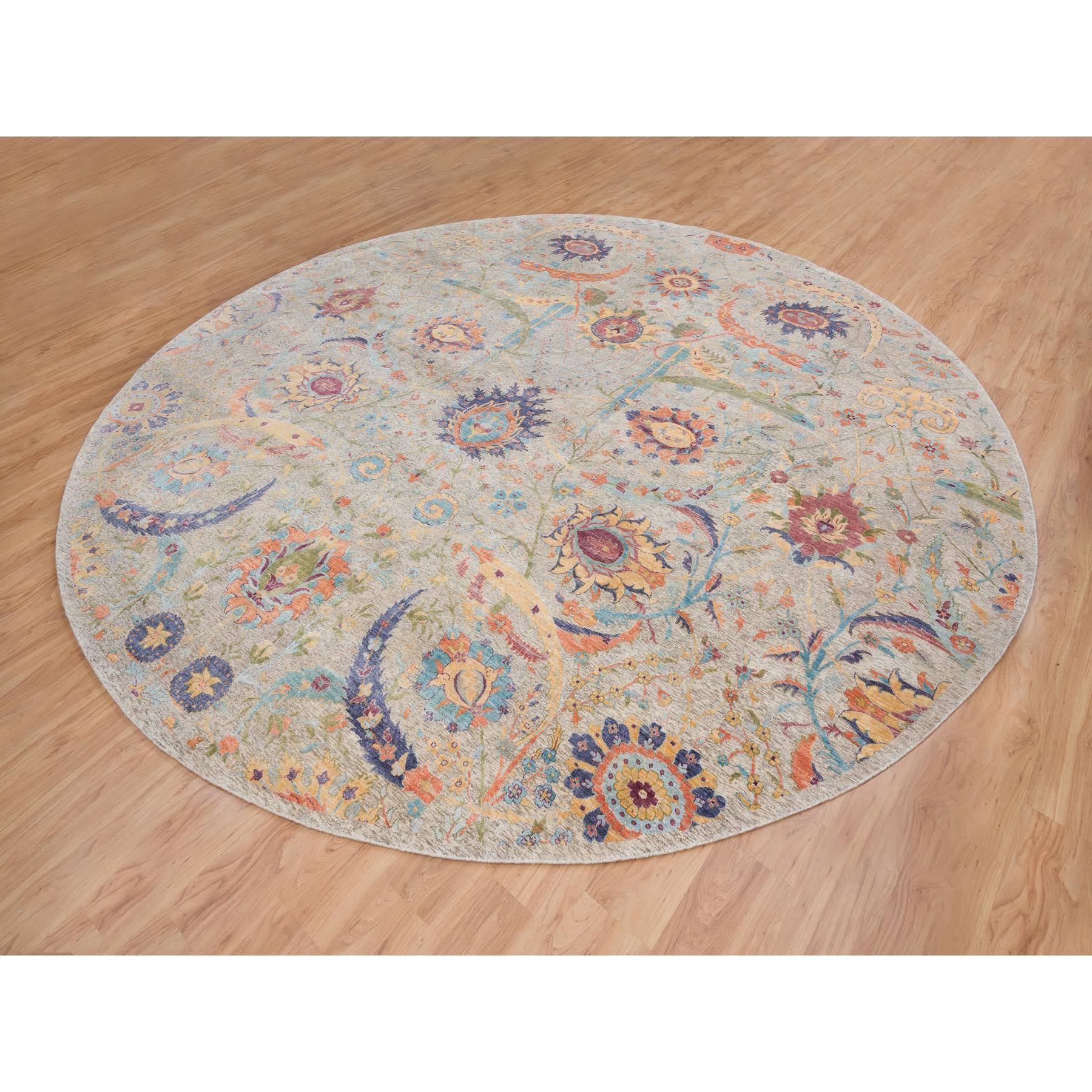 13'7"x13'7" Tan, Sickle Leaf Design Silk With Textured Wool Hand Knotted, Round Oriental Rug HR64436 - Image 3