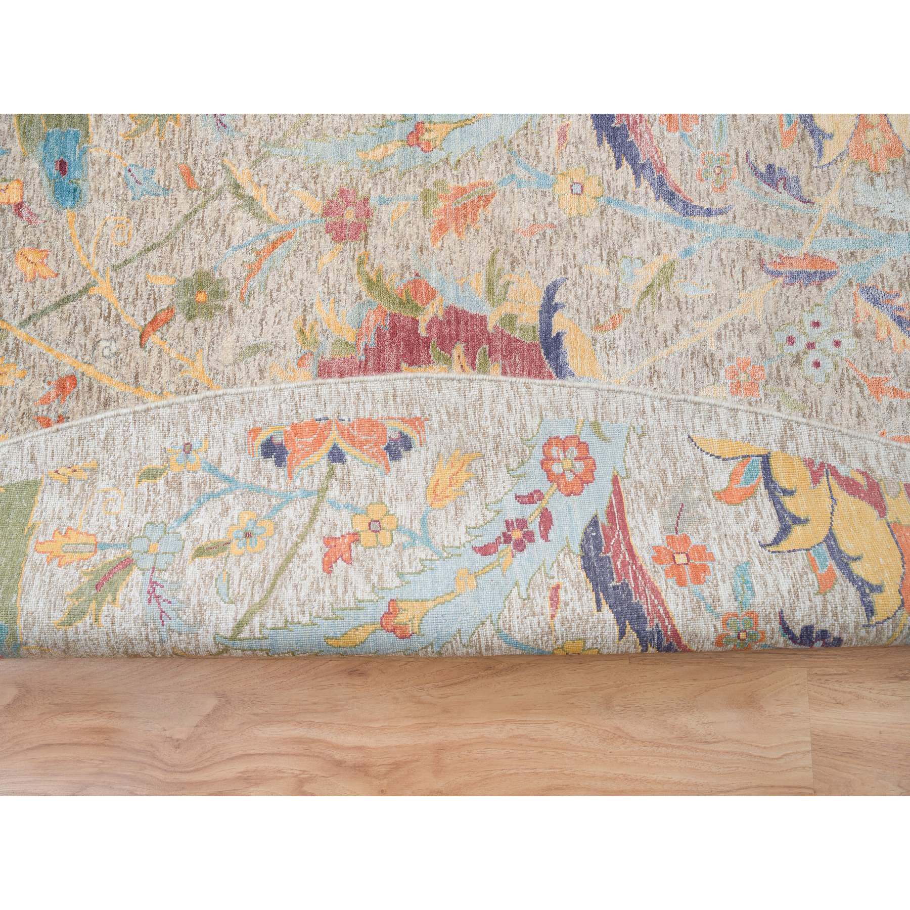 13'7"x13'7" Tan, Sickle Leaf Design Silk With Textured Wool Hand Knotted, Round Oriental Rug HR64436 - Image 4