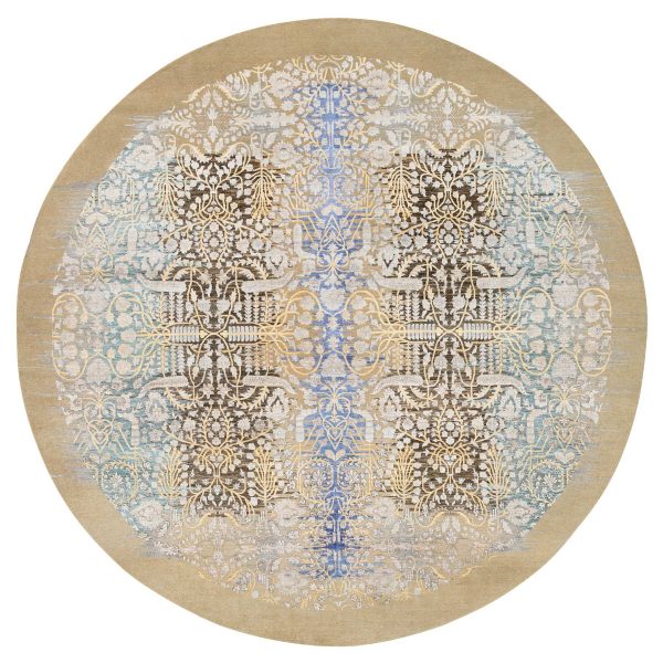 11'10"x11'10" Tan and Chocolate Brown, Hand Knotted Transitional Sarouk, Silk With Textured Wool, Round Oriental Rug HR64438