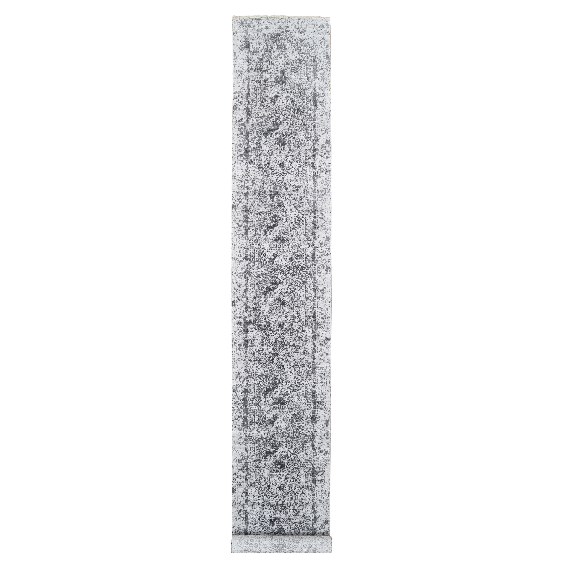 2'7"x18'1" Silver Gray, Hand Knotted Erased Persian Design, Wool and Pure Silk, Runner Oriental Rug HR64559
