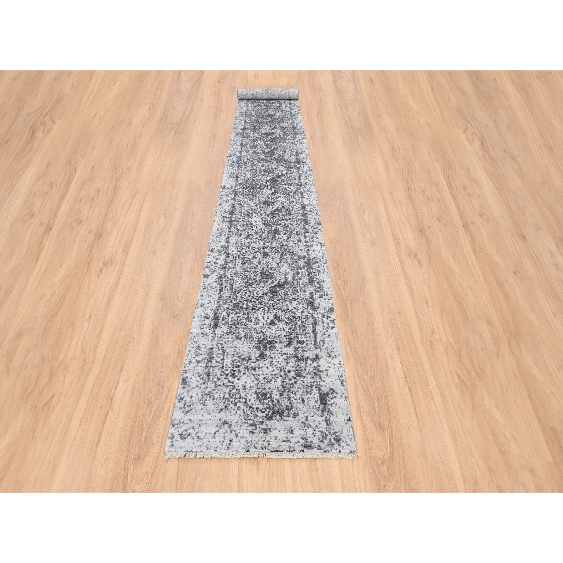 2'7"x18'1" Silver Gray, Hand Knotted Erased Persian Design, Wool and Pure Silk, Runner Oriental Rug HR64559 - Image 2
