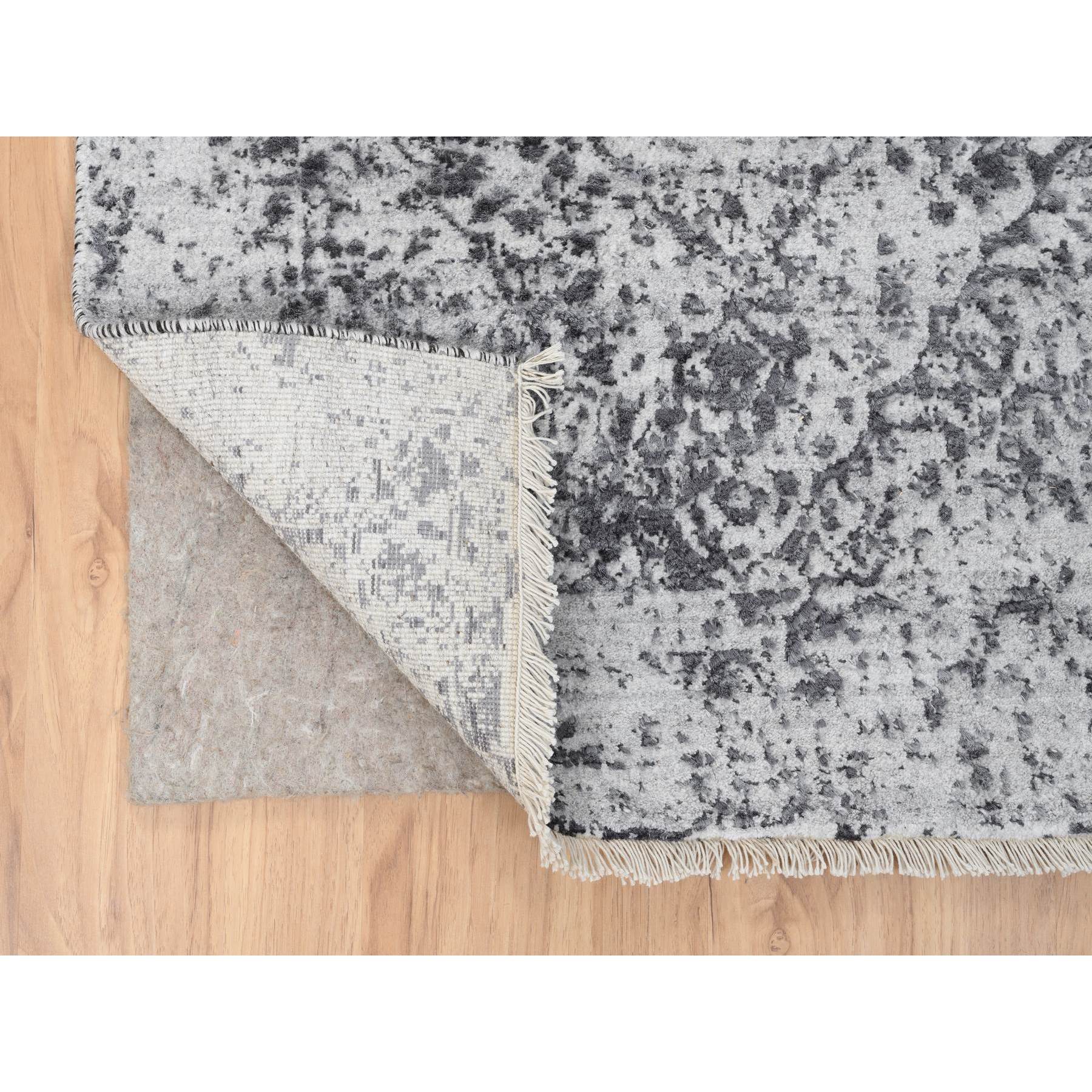 2'7"x18'1" Silver Gray, Hand Knotted Erased Persian Design, Wool and Pure Silk, Runner Oriental Rug HR64559 - Image 3