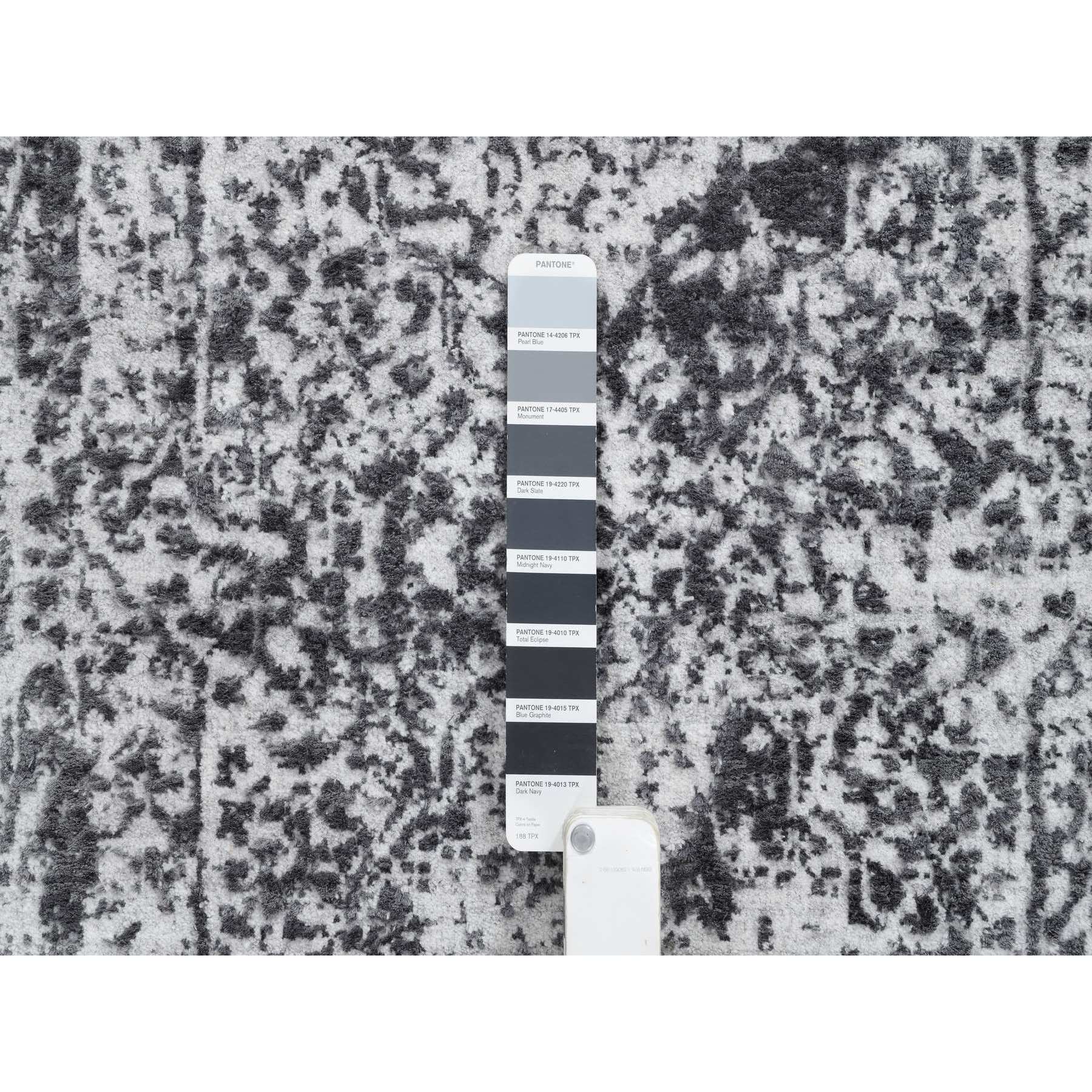 2'7"x18'1" Silver Gray, Hand Knotted Erased Persian Design, Wool and Pure Silk, Runner Oriental Rug HR64559 - Image 4