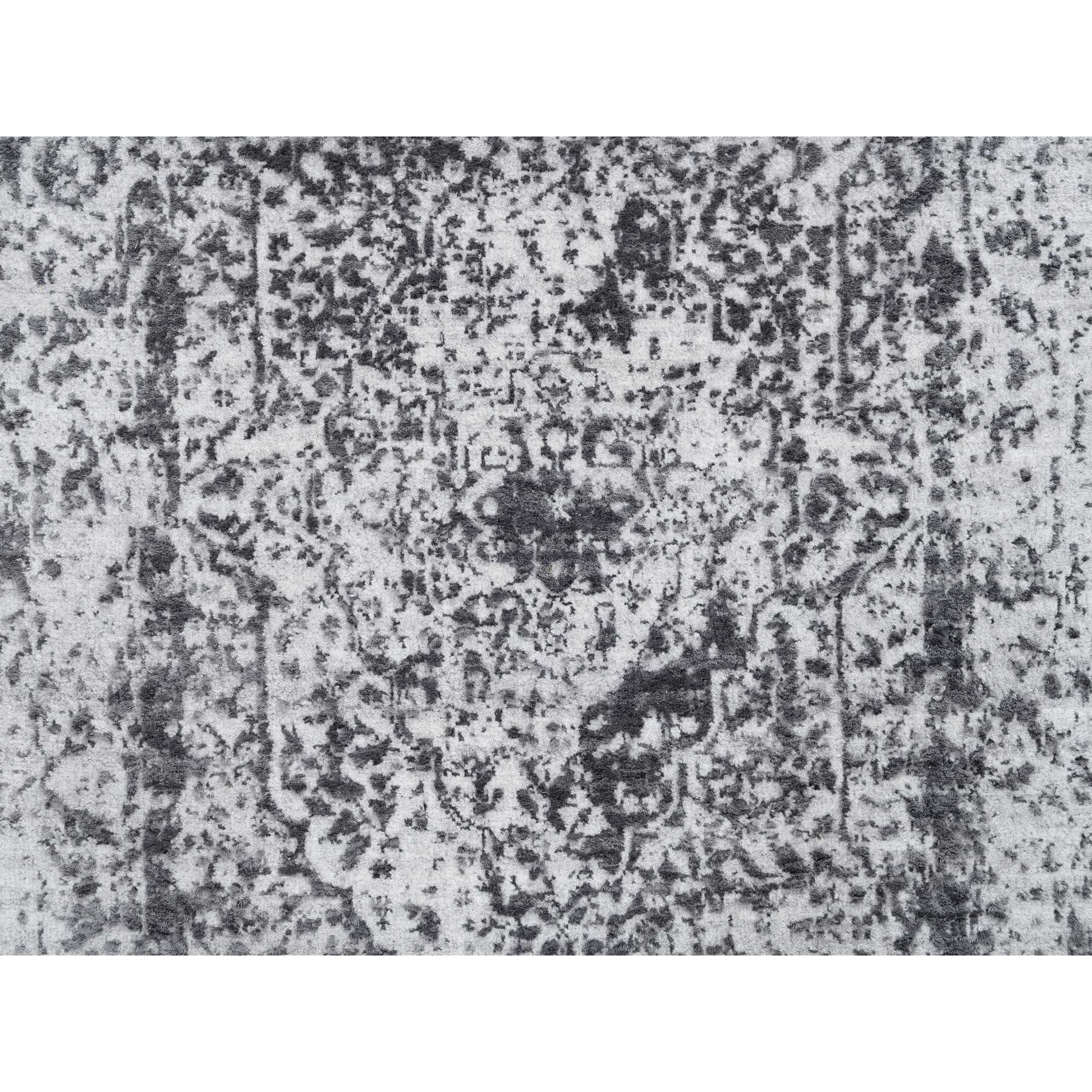 2'7"x18'1" Silver Gray, Hand Knotted Erased Persian Design, Wool and Pure Silk, Runner Oriental Rug HR64559 - Image 5