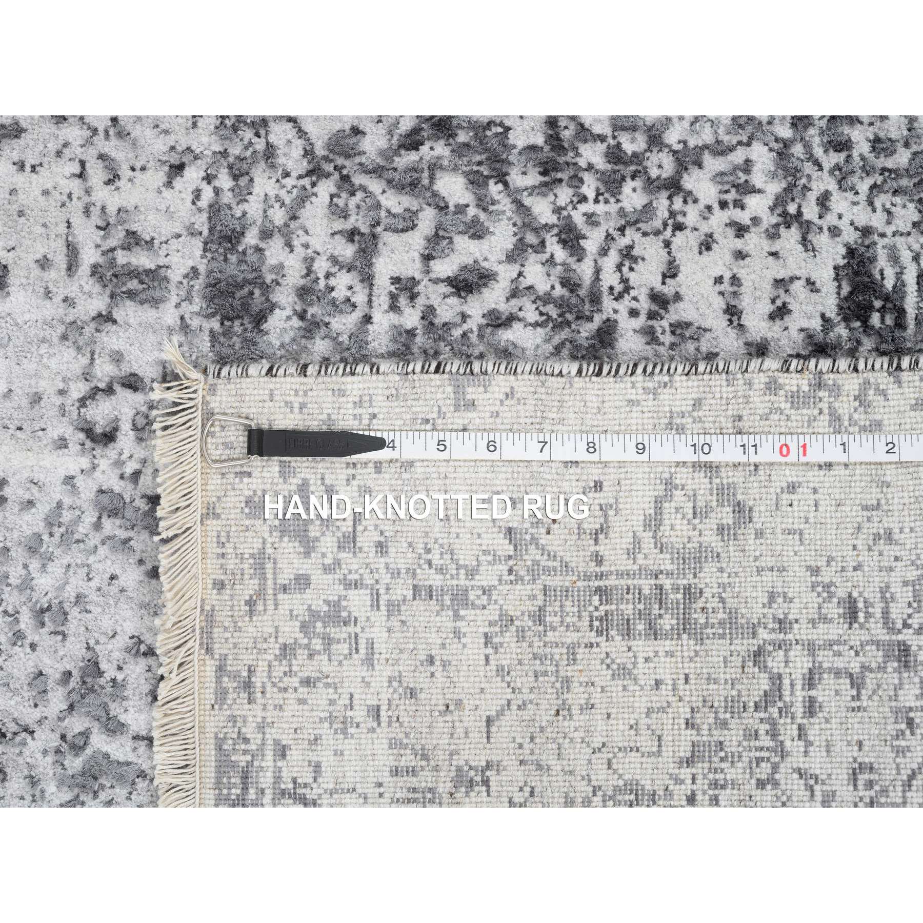 2'7"x18'1" Silver Gray, Hand Knotted Erased Persian Design, Wool and Pure Silk, Runner Oriental Rug HR64559 - Image 8