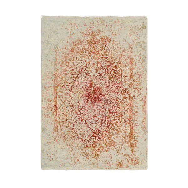 4'2"x6' Ivory and Red, Hand Knotted Persian Erased Medallion Design, Wool and Pure Silk, Oriental Rug HR64561