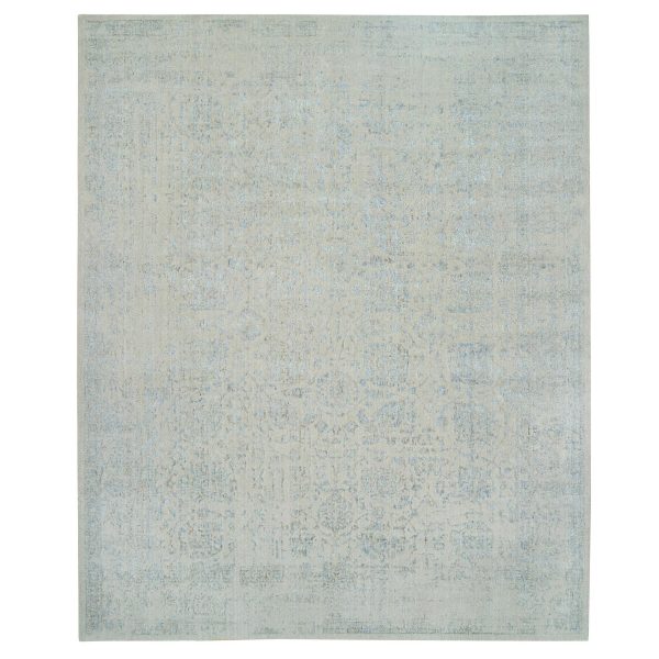 12'x15'1" Gray with Touches of Blue, Wool and Plant Based Silk Jacquard Hand Loomed, Tabriz Design, Oversized Oriental Rug HR64604