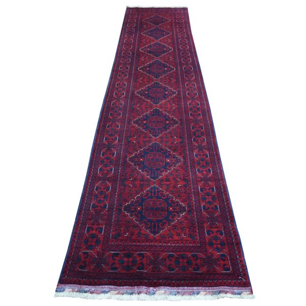 2'7"x13' Deep and Saturated Red, Afghan Khamyab with Geometric Medallions, Soft and Shiny Wool Hand Knotted, Runner Oriental Rug HR71372