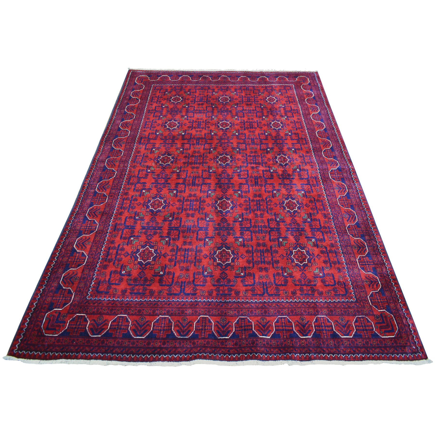 5'5"x7'8" Deep and Saturated Red, Afghan Khamyab with Geometric Design, Soft and Shiny Wool Hand Knotted, Oriental Rug HR71450
